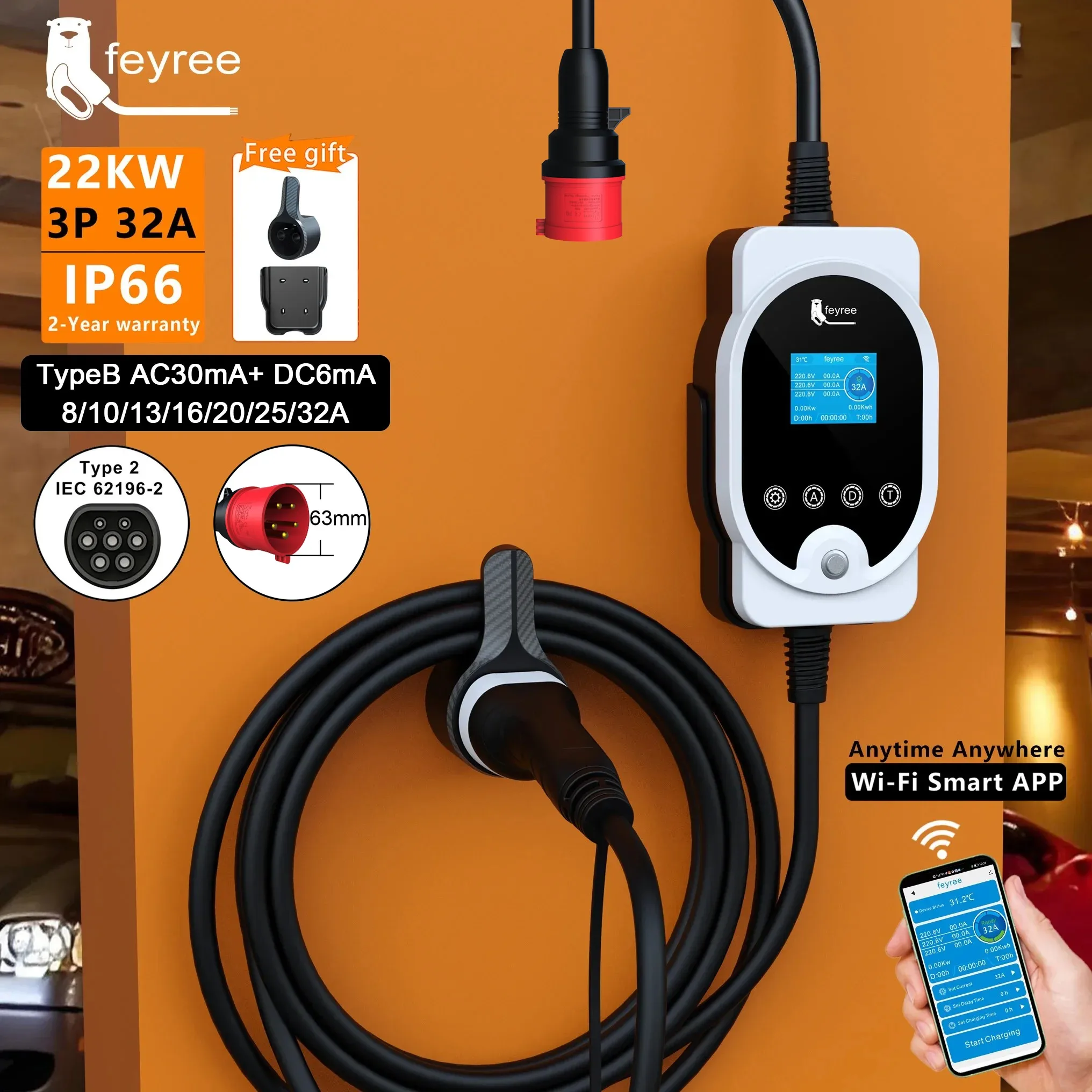 Feyree 22KW Tipo 2 Cavo EVSE W - Ev Charger Type 2 22Kw 32A 3 Phase recensione e prezzo