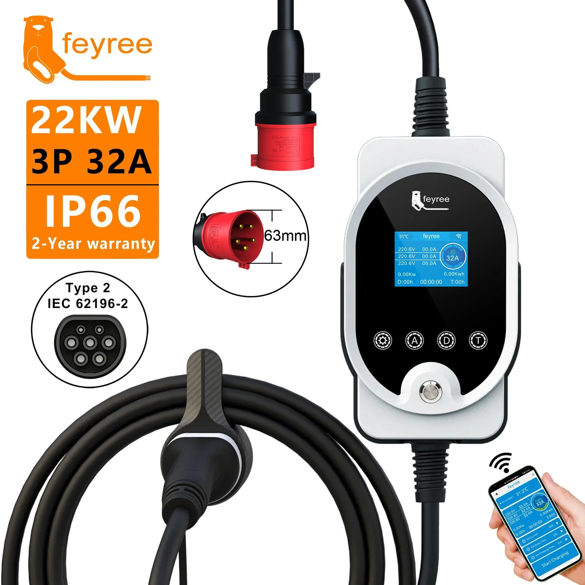 Feyree 22KW Tipo 2 Cavo EVSE W - Ev Charger Type 2 22Kw 32A 3 Phase recensione e prezzo